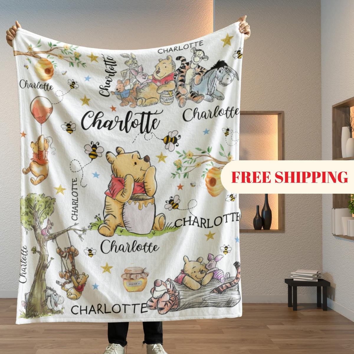Personalized Winnie the Pooh Baby Blanket, Custom Name Nursery Throw, Soft Toddler Gift