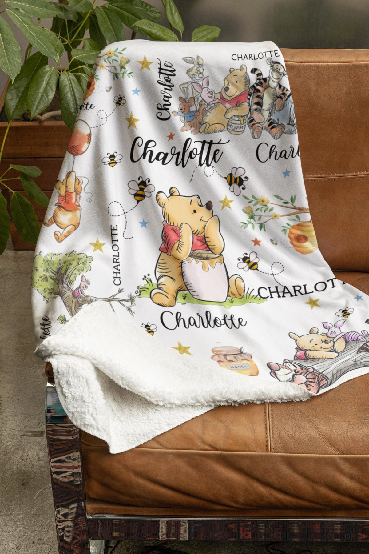 Personalized Winnie the Pooh Baby Blanket, Custom Name Nursery Throw, Soft Toddler Gift