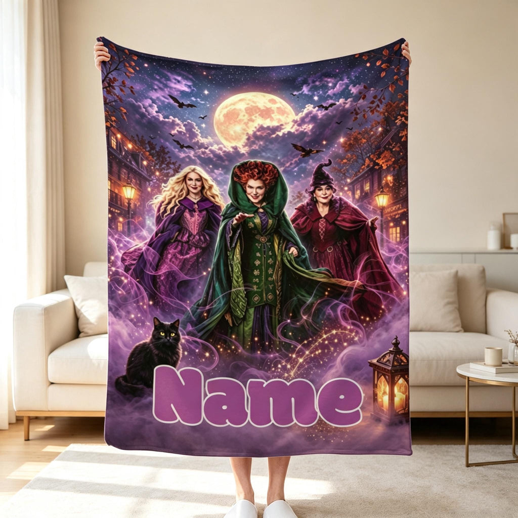 Personalized Witch Sisters Blanket, Custom Name Halloween Throw, Magical Witchcore Gift