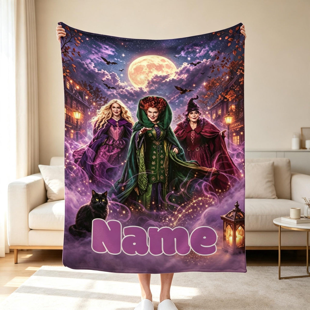 Personalized Witch Sisters Blanket, Custom Name Halloween Throw, Magical Witchcore Gift