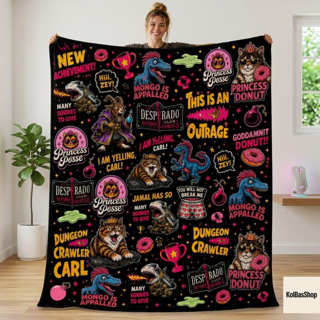 Dungeon Crawler Carl Fleece Blanket, New Achievement Throw Blanket, DCC Fan Gift, Nerd Fantasy Blanket, Gamer Blanket, Cozy Gaming Decor