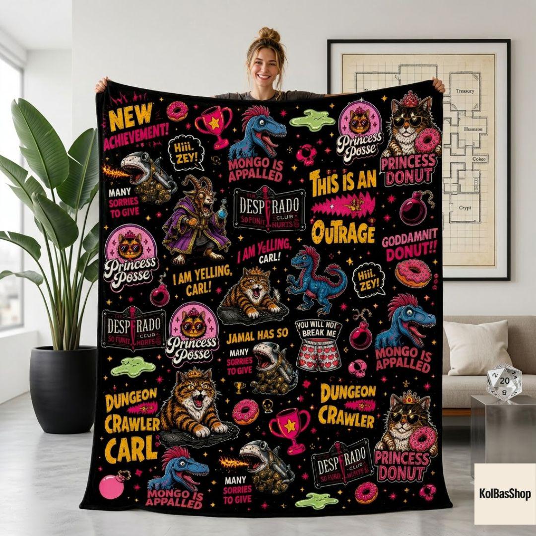 Dungeon Crawler Carl Fleece Blanket, New Achievement Throw Blanket, DCC Fan Gift, Nerd Fantasy Blanket, Gamer Blanket, Cozy Gaming Decor