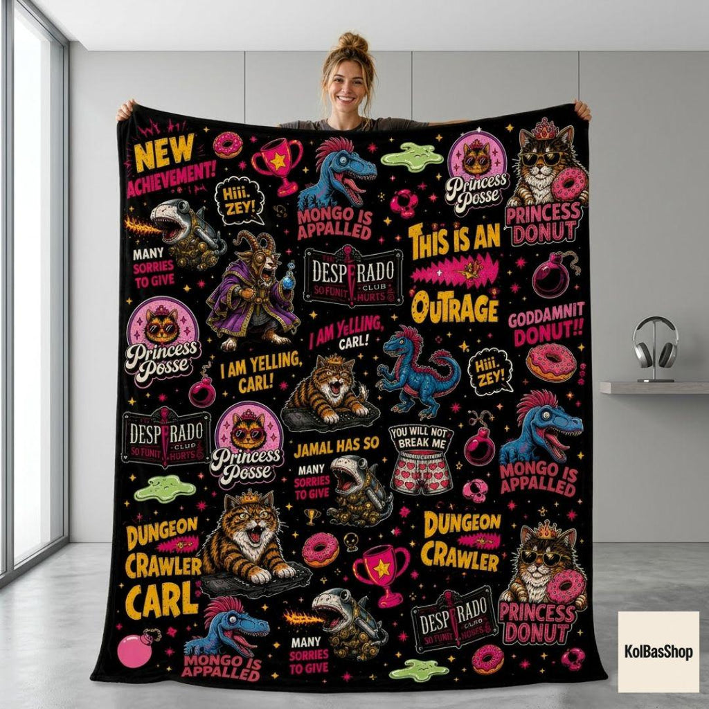 Dungeon Crawler Carl Fleece Blanket, New Achievement Throw Blanket, DCC Fan Gift, Nerd Fantasy Blanket, Gamer Blanket, Cozy Gaming Decor