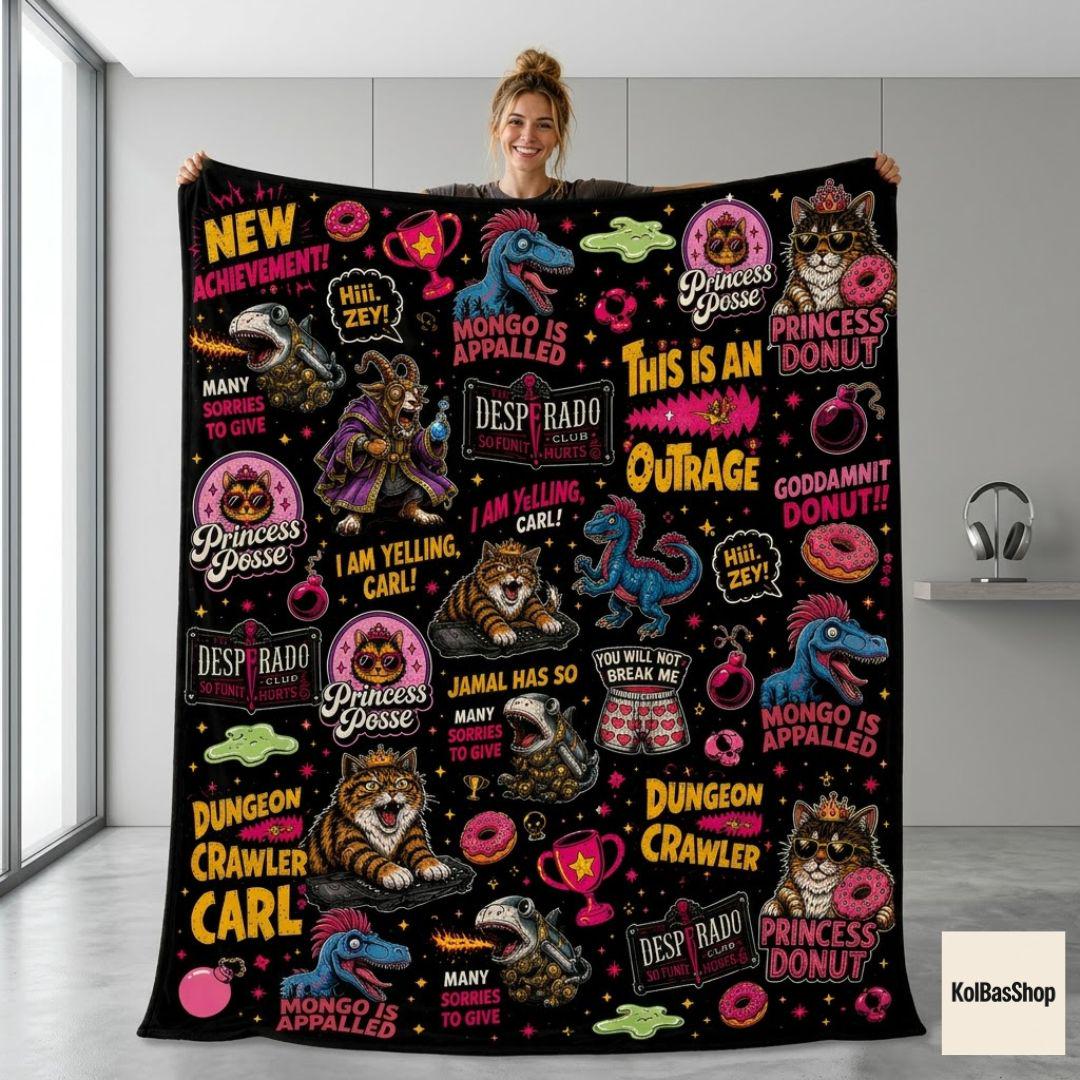 Dungeon Crawler Carl Fleece Blanket, New Achievement Throw Blanket, DCC Fan Gift, Nerd Fantasy Blanket, Gamer Blanket, Cozy Gaming Decor
