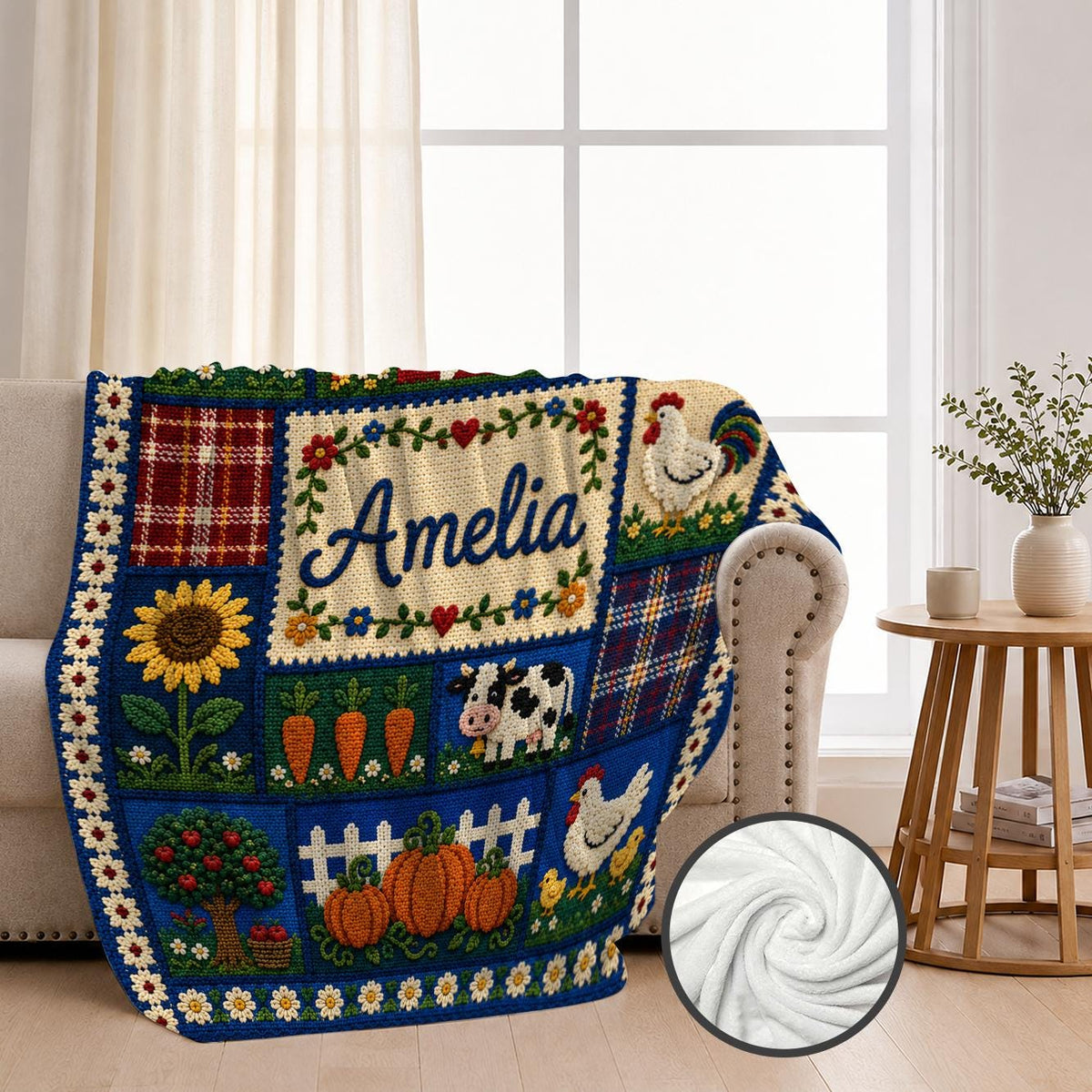 Personalized Farm Blanket, Custom Name Farmhouse Blanket, Crochet Style Throw, Country Farm Gift, Cow Chicken Sunflower Blanket