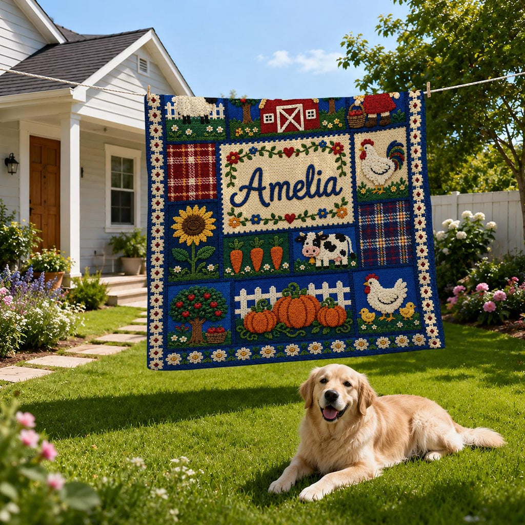 Personalized Farm Blanket, Custom Name Farmhouse Blanket, Crochet Style Throw, Country Farm Gift, Cow Chicken Sunflower Blanket