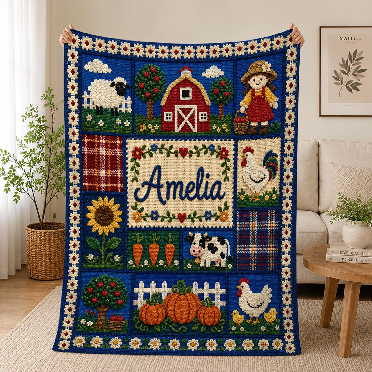 Personalized Farm Blanket, Custom Name Farmhouse Blanket, Crochet Style Throw, Country Farm Gift, Cow Chicken Sunflower Blanket
