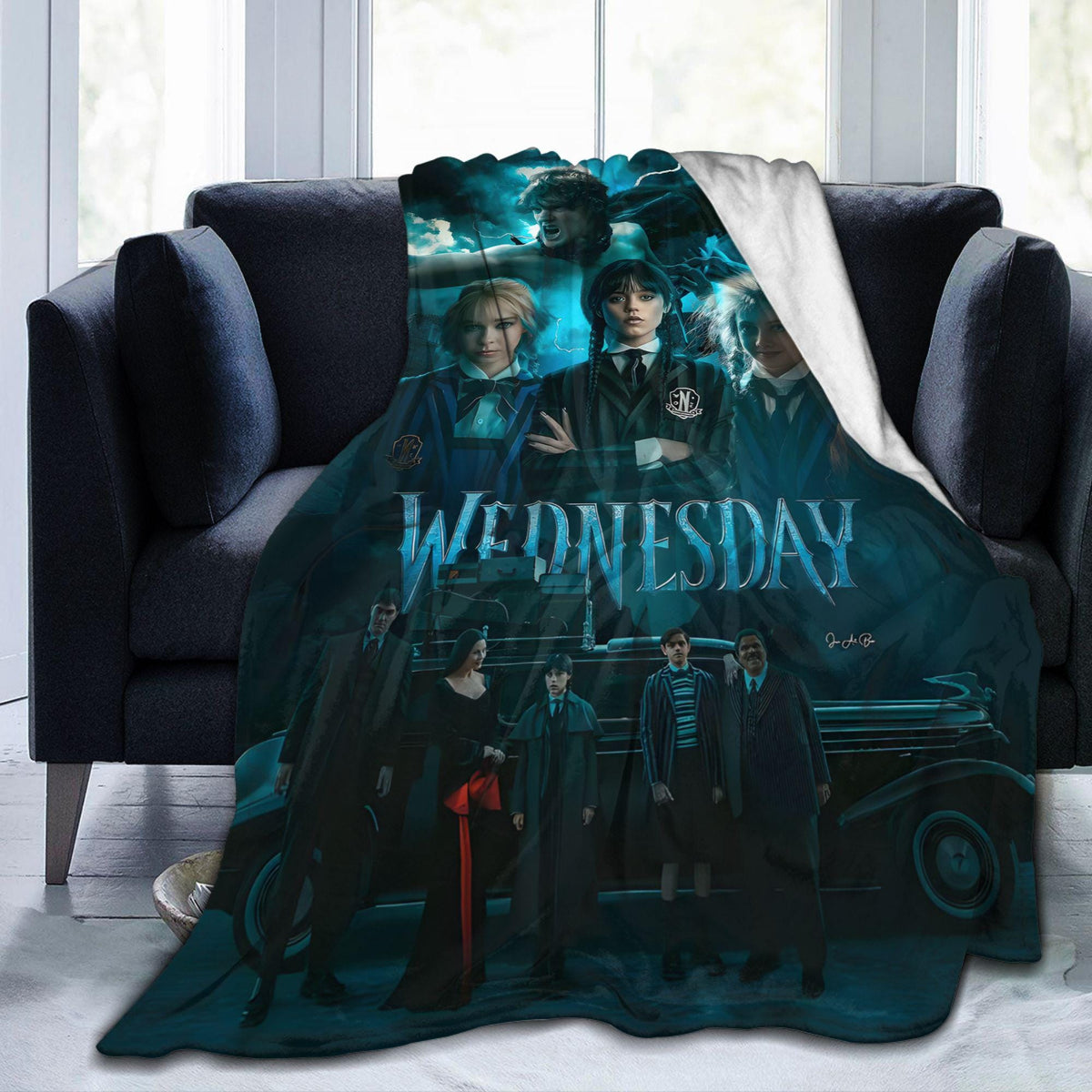 Gothic Dark Fantasy Flannel Blanket, Spooky Black Blue Fleece Throw, Mysterious Character Blanket, Cozy Horror Home Decor Gift