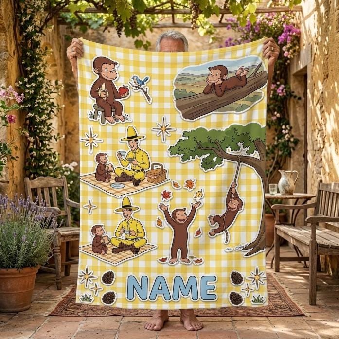 Personalized Curious George Plush Fleece Blanket, Custom Name Throw, Yellow Plaid Picnic Blanket