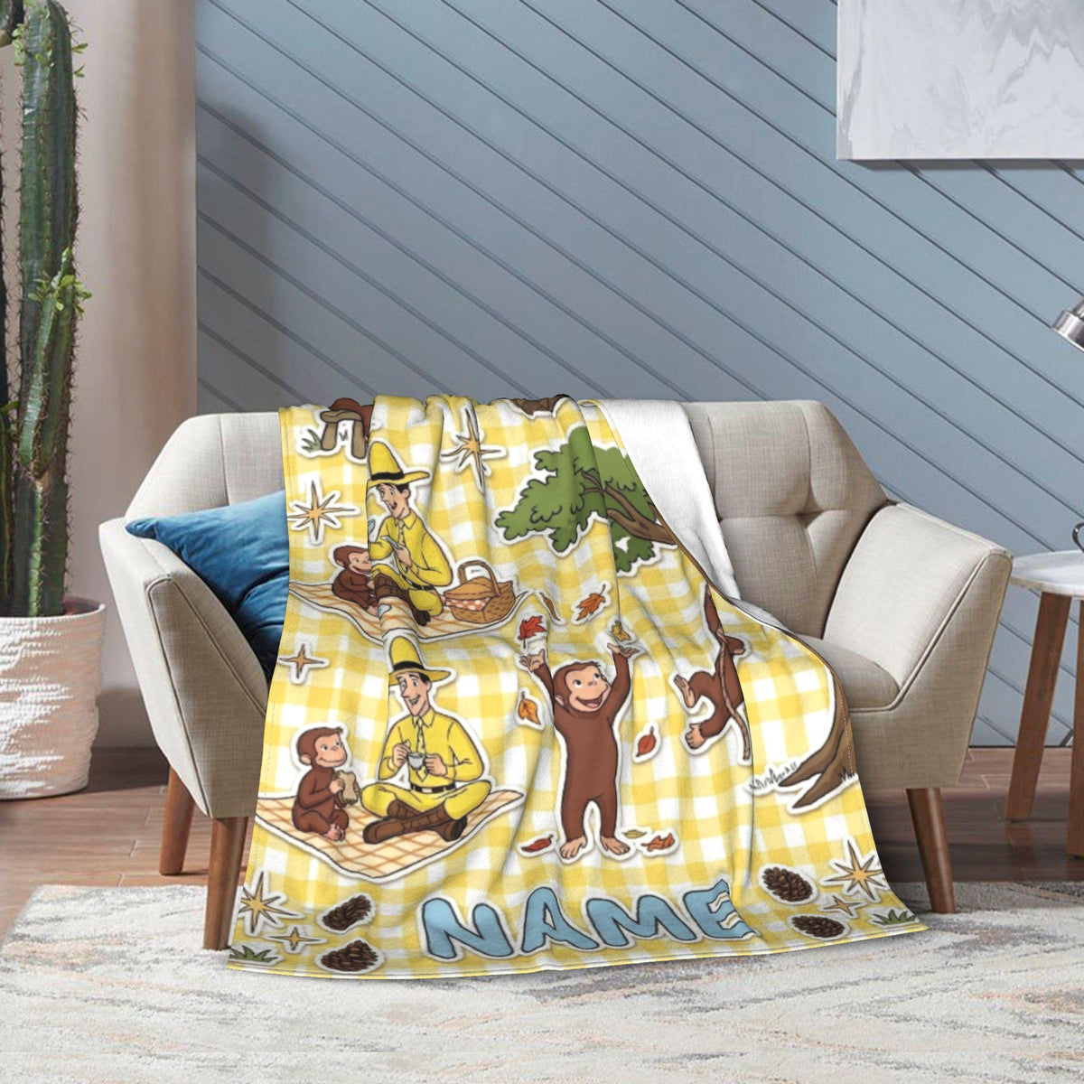 Personalized Curious George Plush Fleece Blanket, Custom Name Throw, Yellow Plaid Picnic Blanket