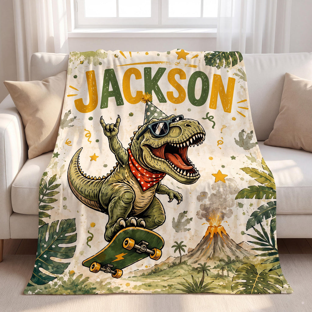 Unique Personalized Dinosaur Blanket Custom Name Soft Flannel Throw Cool Skateboard T-Rex Boys Room Decor Kids Bedding Birthday Gift