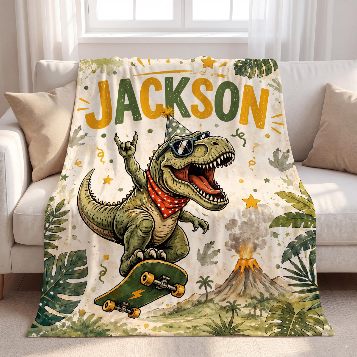 Unique Personalized Dinosaur Blanket Custom Name Soft Flannel Throw Cool Skateboard T-Rex Boys Room Decor Kids Bedding Birthday Gift