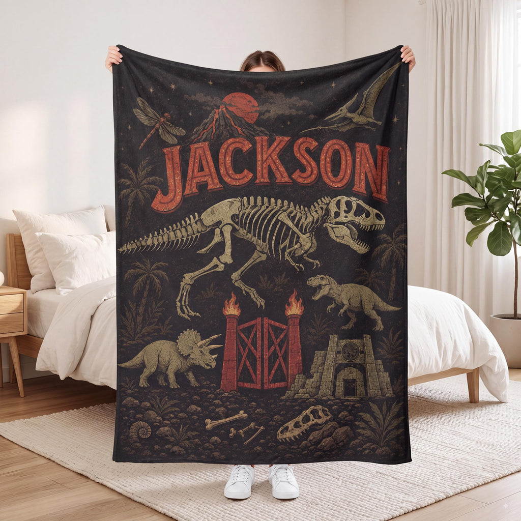 Custom Dinosaur Blanket for Boys, Personalized T-Rex Flannel Throw, Jurassic Theme Kids Bedding, Birthday Gift for Nephew Son Toddler
