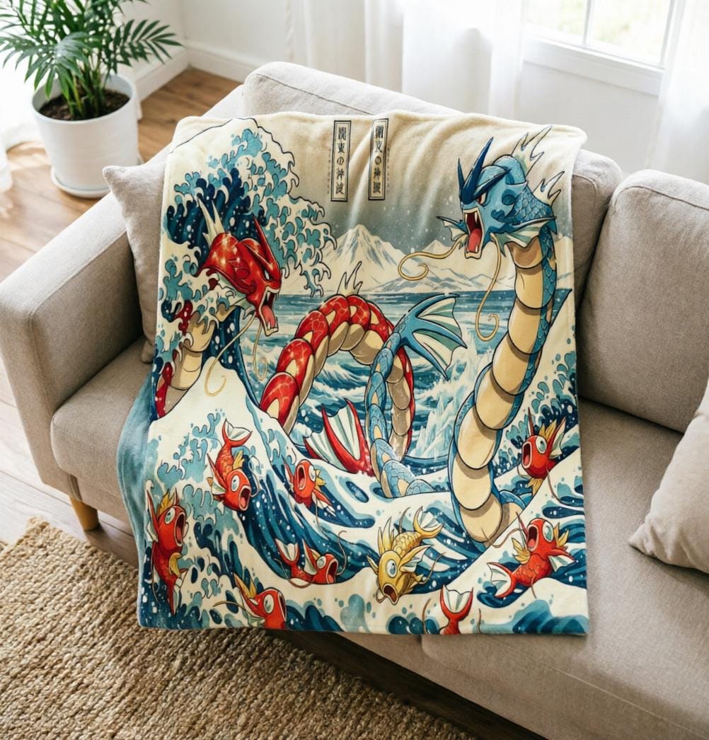 Japanese Style Charizard Blanket Soft Throw, Ukiyo-e Pokemon Art Throw, Otaku Housewarming Gift