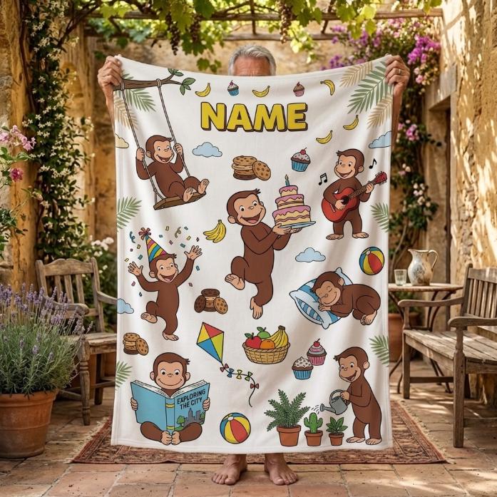 Personalized Curious George Fleece Blanket, Custom Name Birthday Throw, Kids Snuggle Blanket