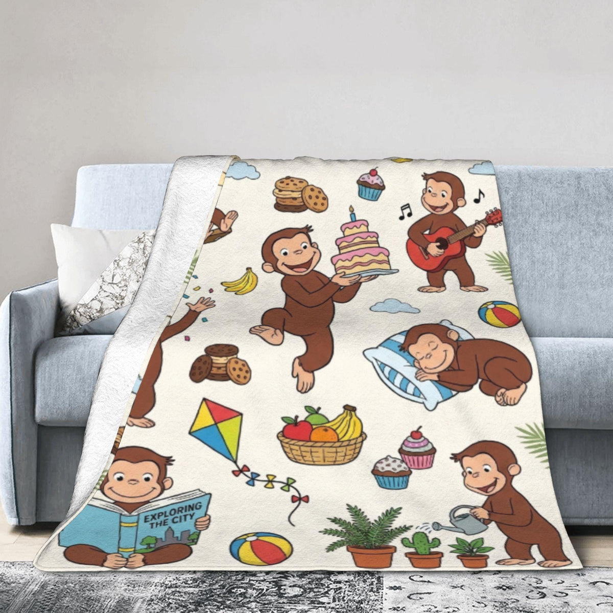 Personalized Curious George Fleece Blanket, Custom Name Birthday Throw, Kids Snuggle Blanket