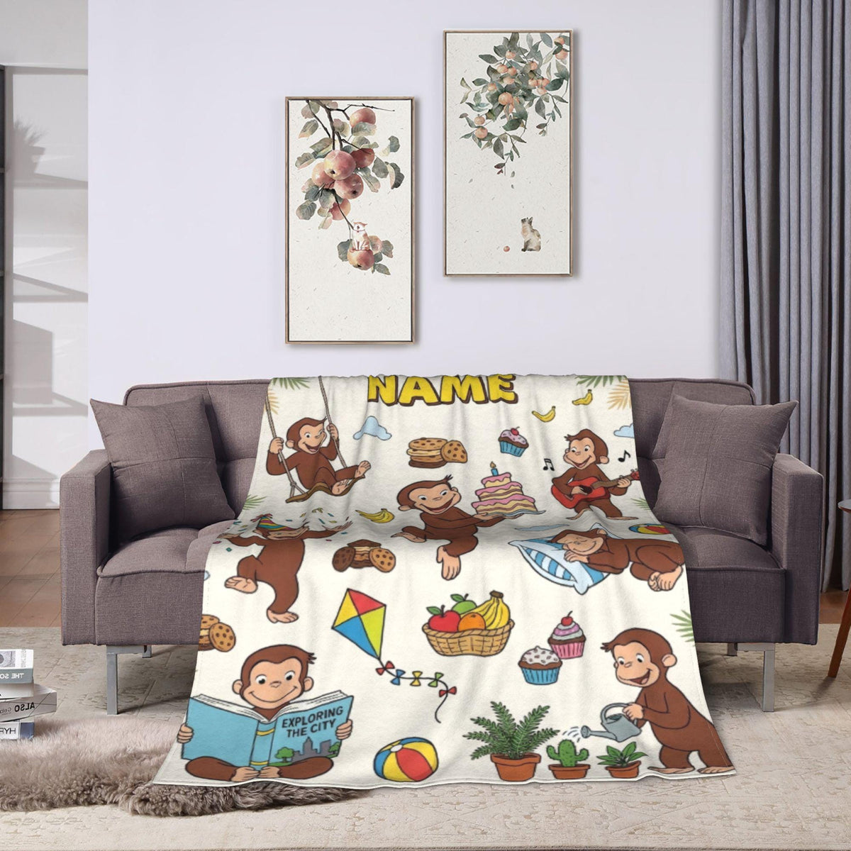 Personalized Curious George Fleece Blanket, Custom Name Birthday Throw, Kids Snuggle Blanket