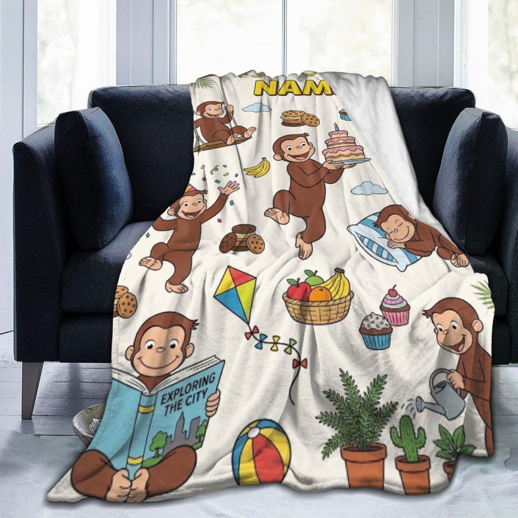 Personalized Curious George Fleece Blanket, Custom Name Birthday Throw, Kids Snuggle Blanket