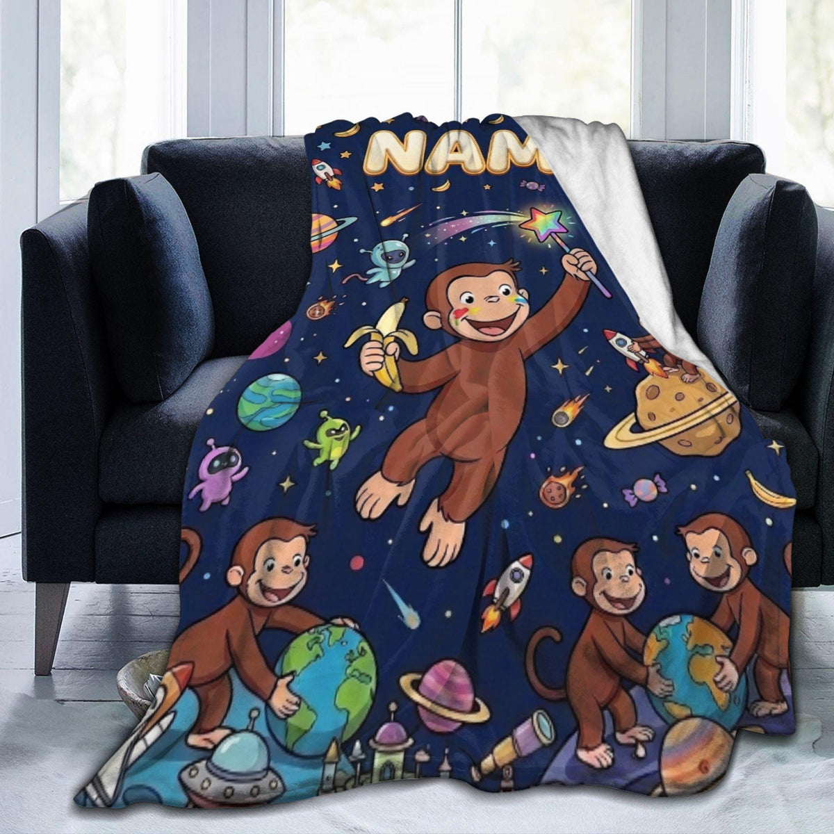 Custom Name Curious George Space Blanket, Outer Space Galaxy Monkey Throw, Kids Cosmic Blanket, Personalized Birthday Gift Boys Girls