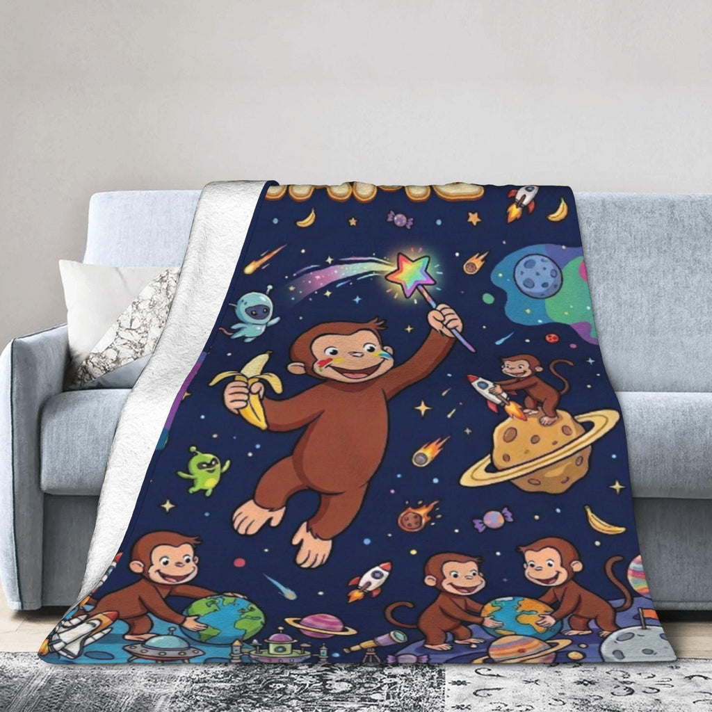 Custom Name Curious George Space Blanket, Outer Space Galaxy Monkey Throw, Kids Cosmic Blanket, Personalized Birthday Gift Boys Girls