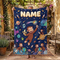 Custom Name Curious George Space Blanket, Outer Space Galaxy Monkey Throw, Kids Cosmic Blanket, Personalized Birthday Gift Boys Girls