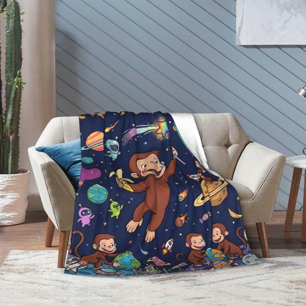 Custom Name Curious George Space Blanket, Outer Space Galaxy Monkey Throw, Kids Cosmic Blanket, Personalized Birthday Gift Boys Girls