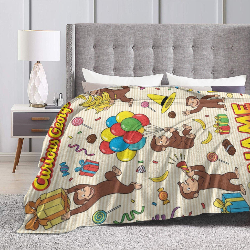 Custom Name Curious George Birthday Fleece Blanket, Party Balloon Monkey Throw