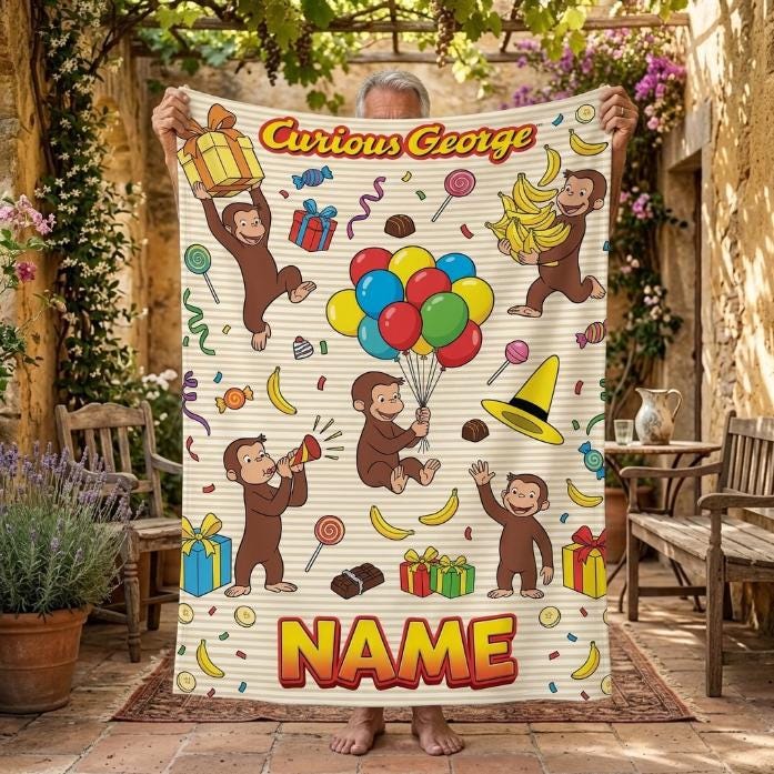 Custom Name Curious George Birthday Fleece Blanket, Party Balloon Monkey Throw
