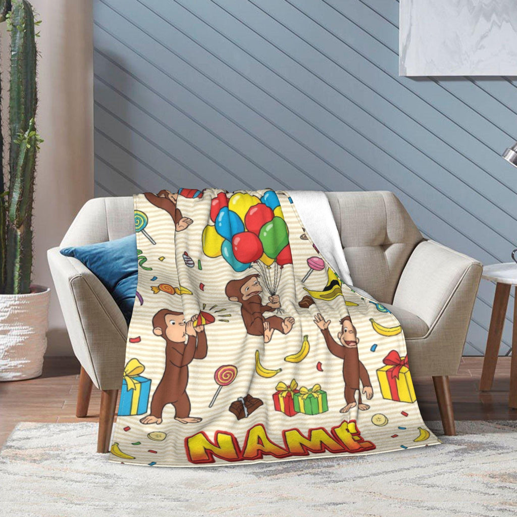 Custom Name Curious George Birthday Fleece Blanket, Party Balloon Monkey Throw