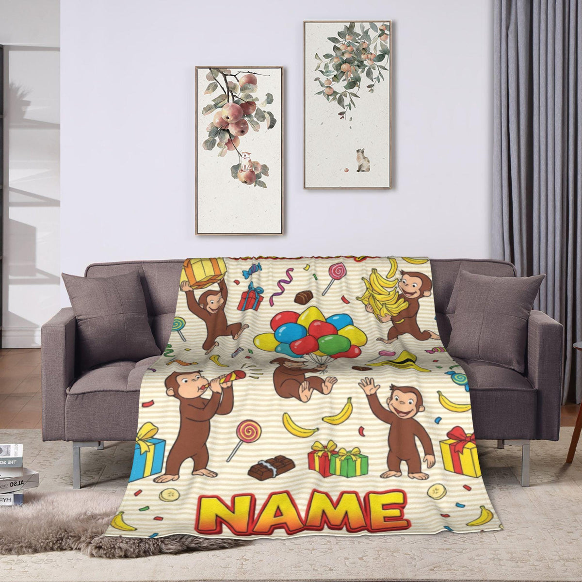 Custom Name Curious George Birthday Fleece Blanket, Party Balloon Monkey Throw