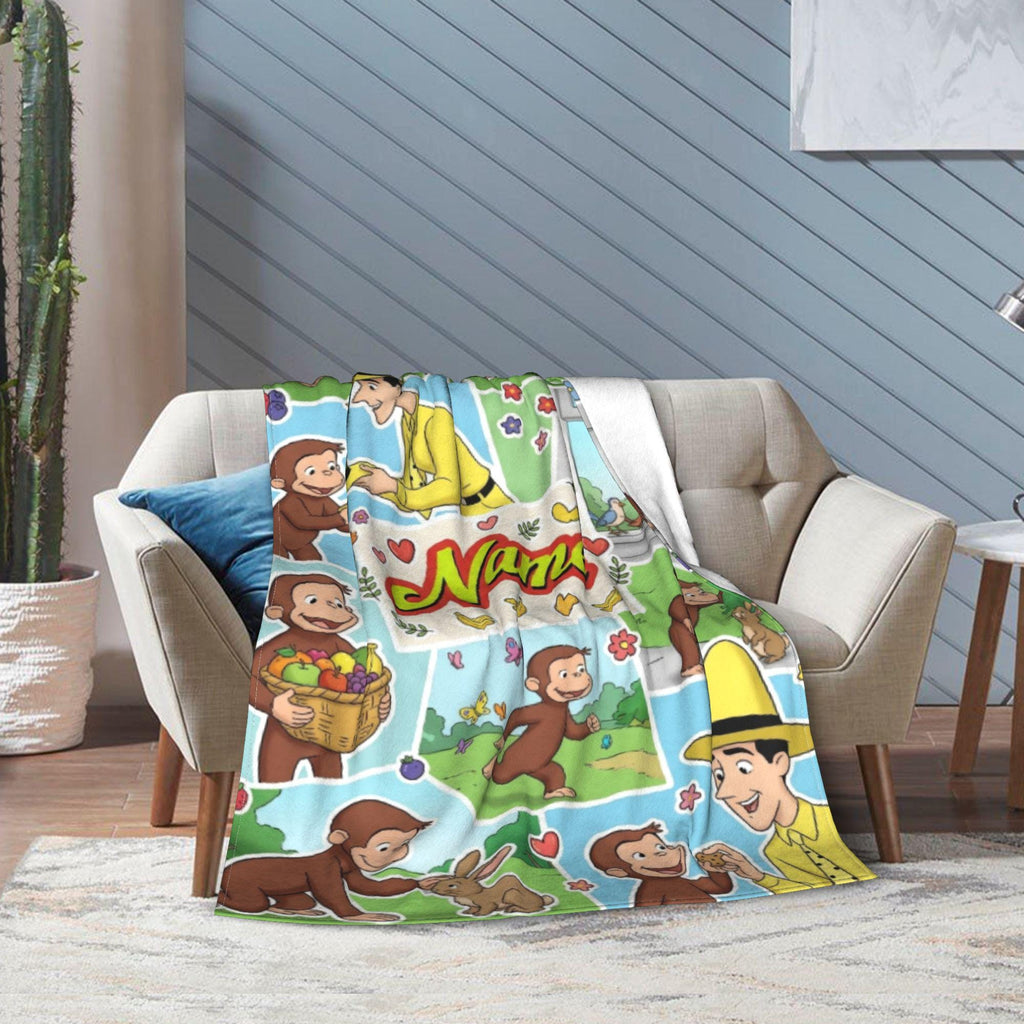 Personalized Curious George Blanket, Custom Name Animal Friends Monkey Throw, Kids Photo Collage Blanket, Birthday Gift Boys Girls