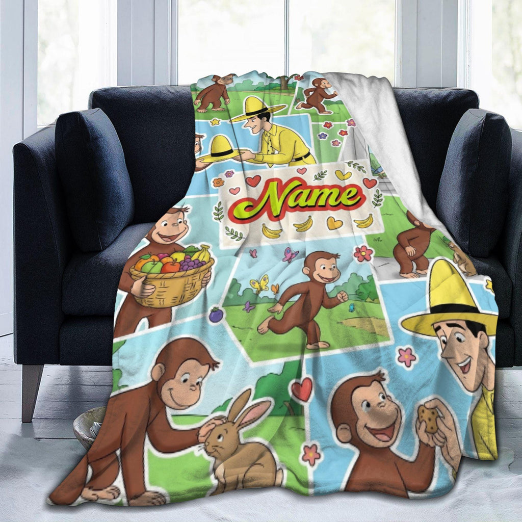 Personalized Curious George Blanket, Custom Name Animal Friends Monkey Throw, Kids Photo Collage Blanket, Birthday Gift Boys Girls