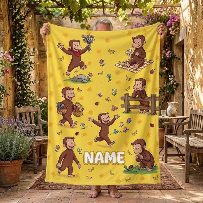 Personalized Curious George Blanket, Custom Name Sunshine Monkey Throw, Kids Garden Picnic Blanket, Birthday Gift for Boys and Girls
