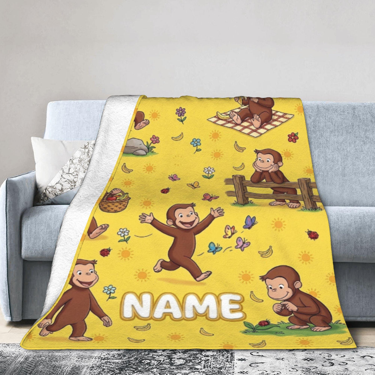 Personalized Curious George Blanket, Custom Name Sunshine Monkey Throw, Kids Garden Picnic Blanket, Birthday Gift for Boys and Girls