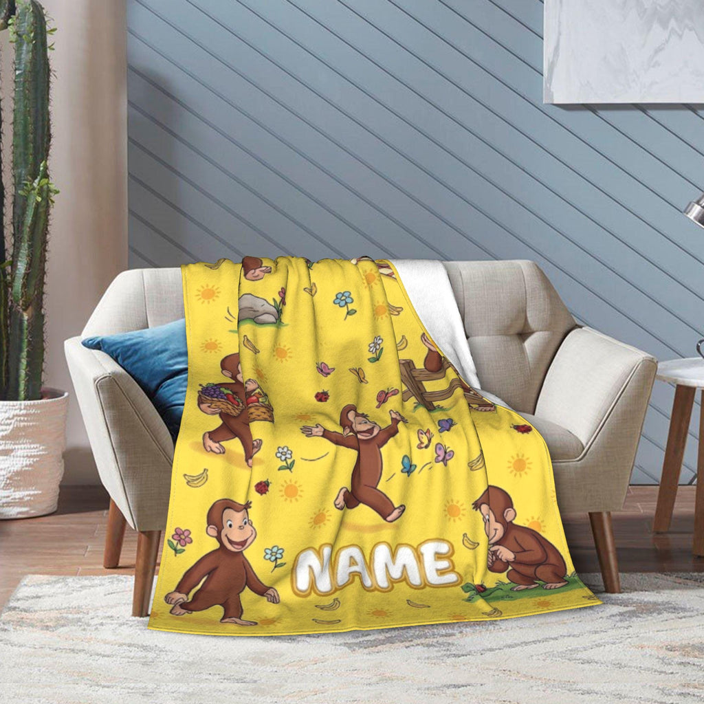 Personalized Curious George Blanket, Custom Name Sunshine Monkey Throw, Kids Garden Picnic Blanket, Birthday Gift for Boys and Girls