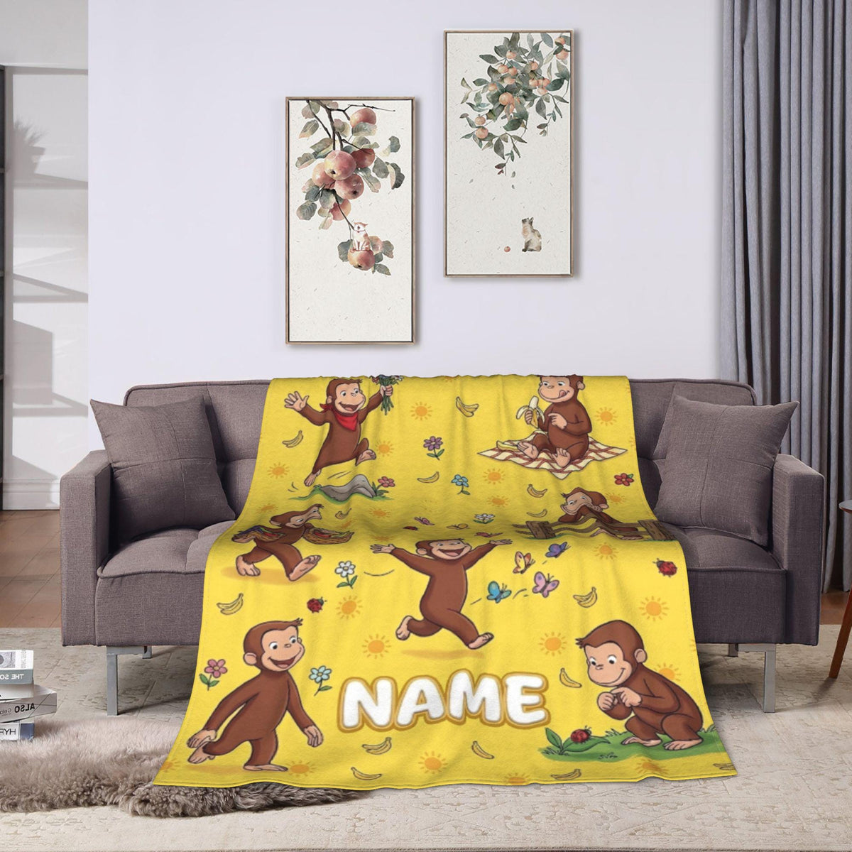 Personalized Curious George Blanket, Custom Name Sunshine Monkey Throw, Kids Garden Picnic Blanket, Birthday Gift for Boys and Girls