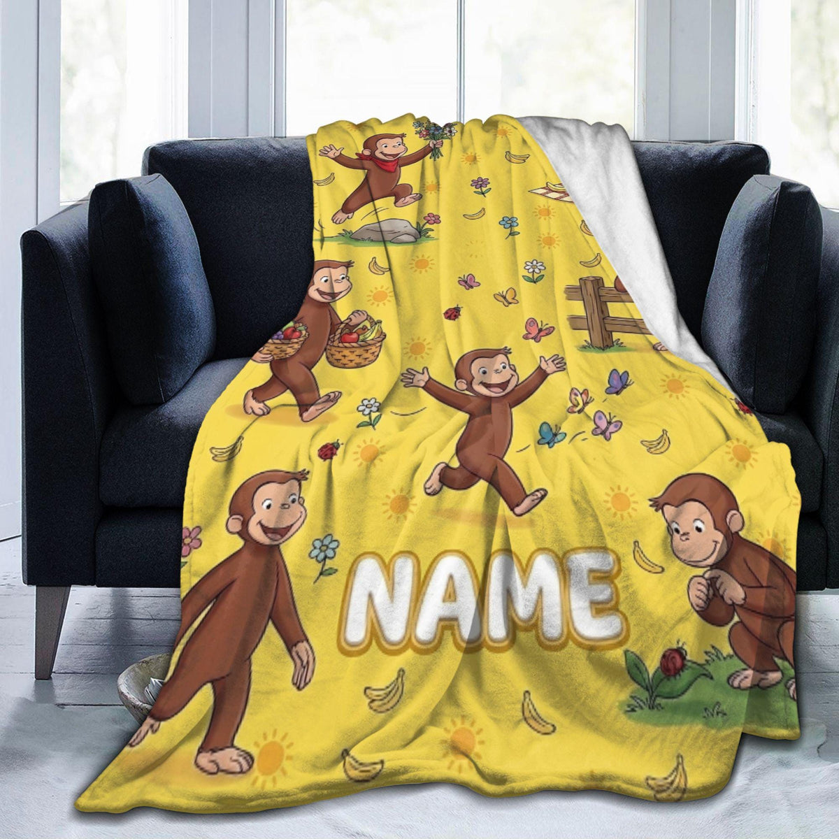 Personalized Curious George Blanket, Custom Name Sunshine Monkey Throw, Kids Garden Picnic Blanket, Birthday Gift for Boys and Girls