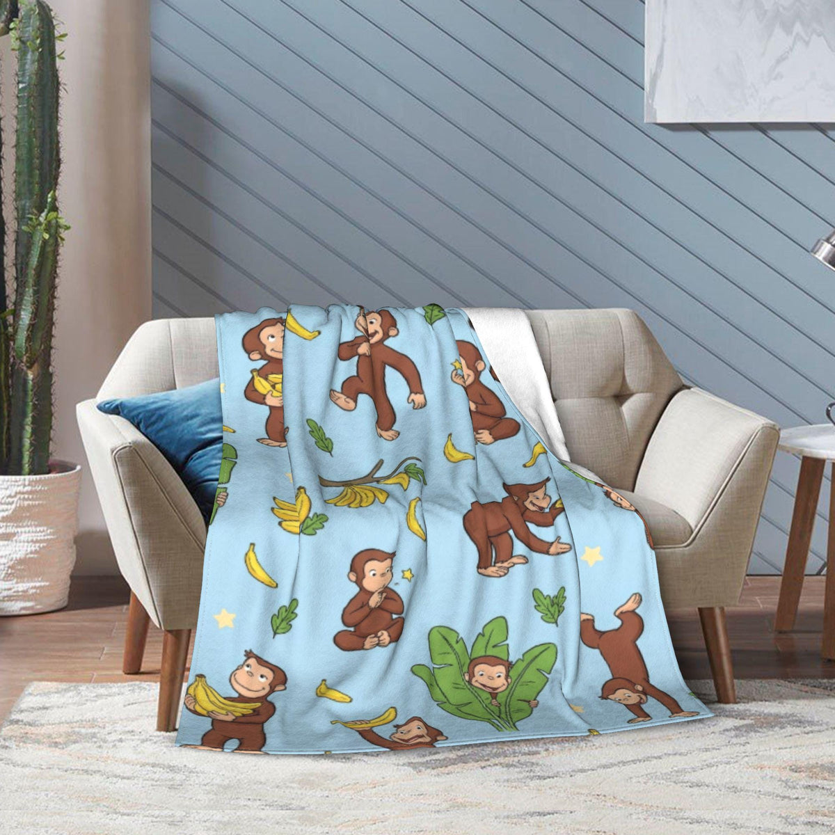 Custom Name Curious George Blanket, Sky Blue Banana Monkey Throw, Personalized Playful Kids Blanket, Gift for Boys and Girls
