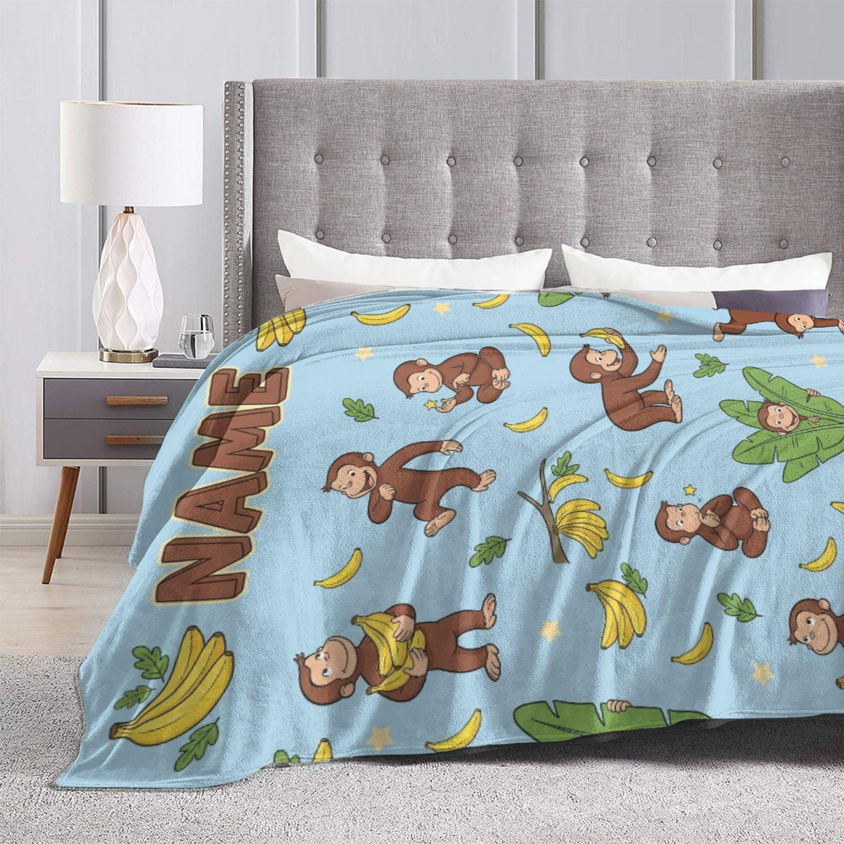 Custom Name Curious George Blanket, Sky Blue Banana Monkey Throw, Personalized Playful Kids Blanket, Gift for Boys and Girls