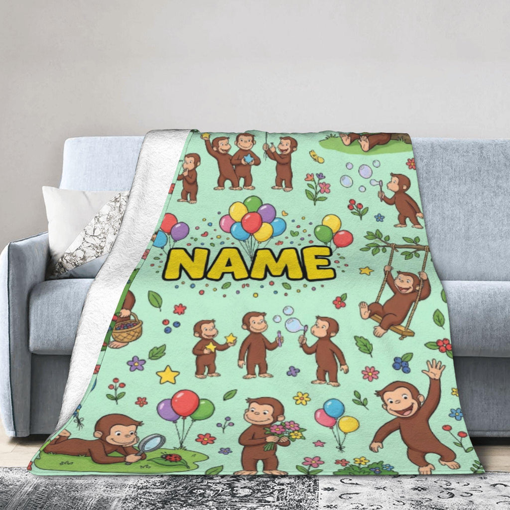 Personalized Curious George Forest Blanket, Custom Name Nature Explorer Monkey Throw, Kids Green Blanket, Birthday Gift Boys Girls