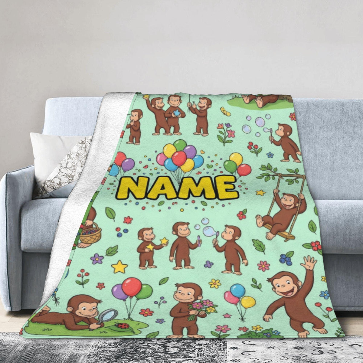 Personalized Curious George Forest Blanket, Custom Name Nature Explorer Monkey Throw, Kids Green Blanket, Birthday Gift Boys Girls