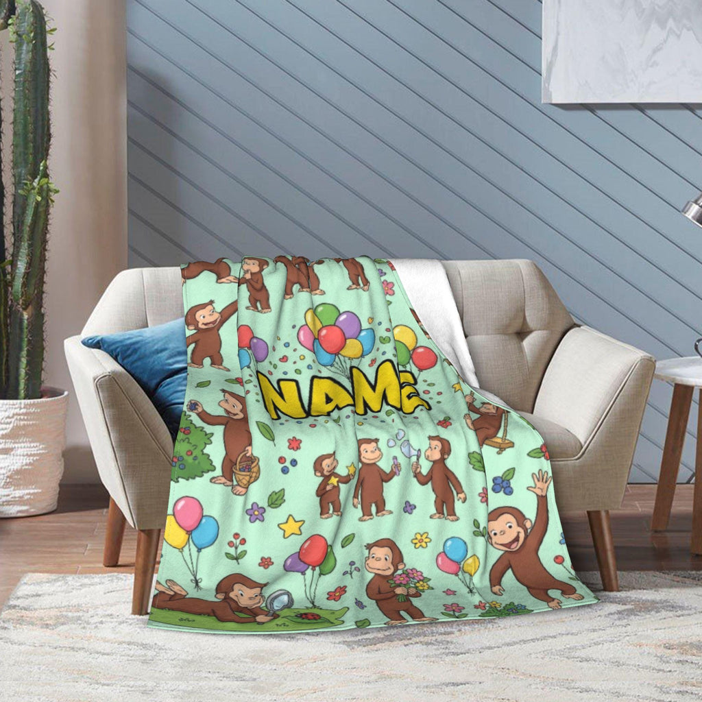 Personalized Curious George Forest Blanket, Custom Name Nature Explorer Monkey Throw, Kids Green Blanket, Birthday Gift Boys Girls
