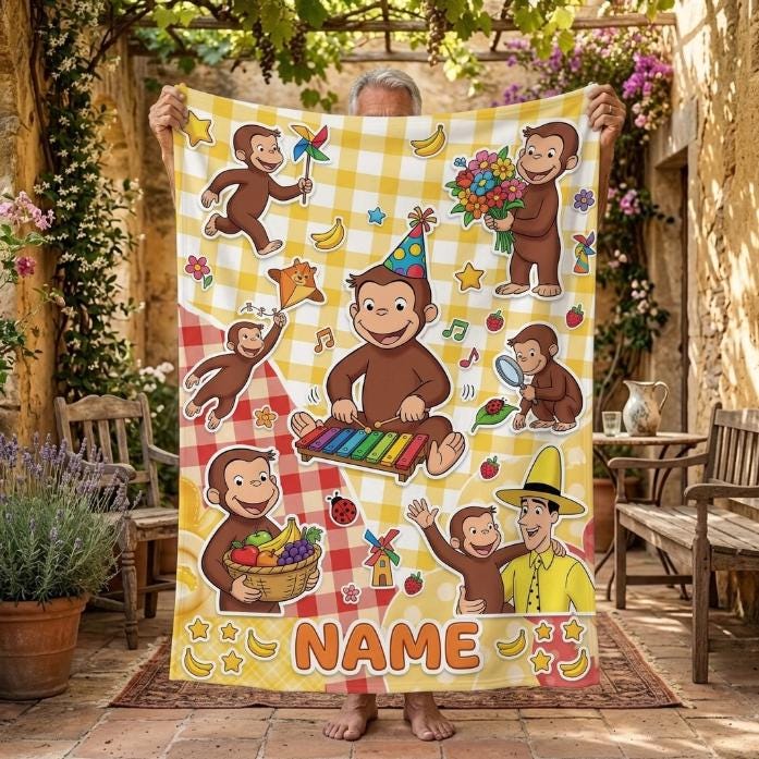 Personalized Curious George Monkey Blanket, Custom Name Music Party Throw
