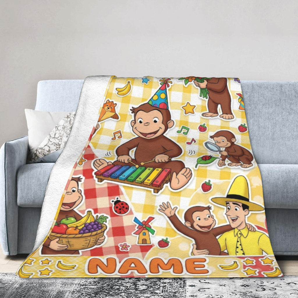 Personalized Curious George Monkey Blanket, Custom Name Music Party Throw