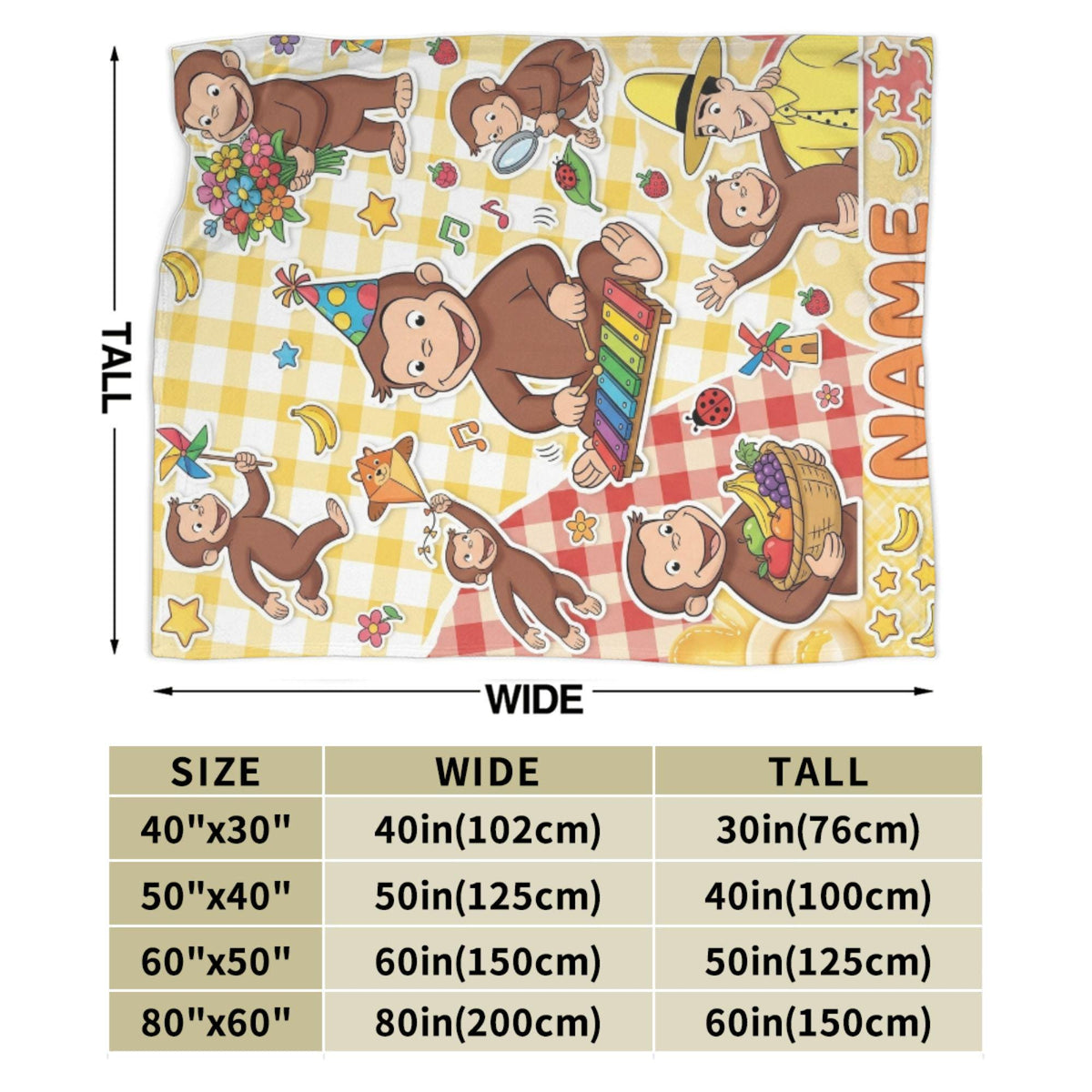 Personalized Curious George Monkey Blanket, Custom Name Music Party Throw