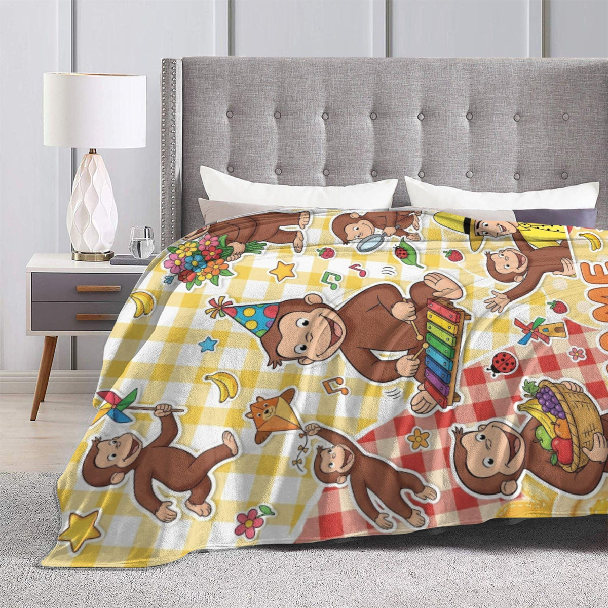 Personalized Curious George Monkey Blanket, Custom Name Music Party Throw