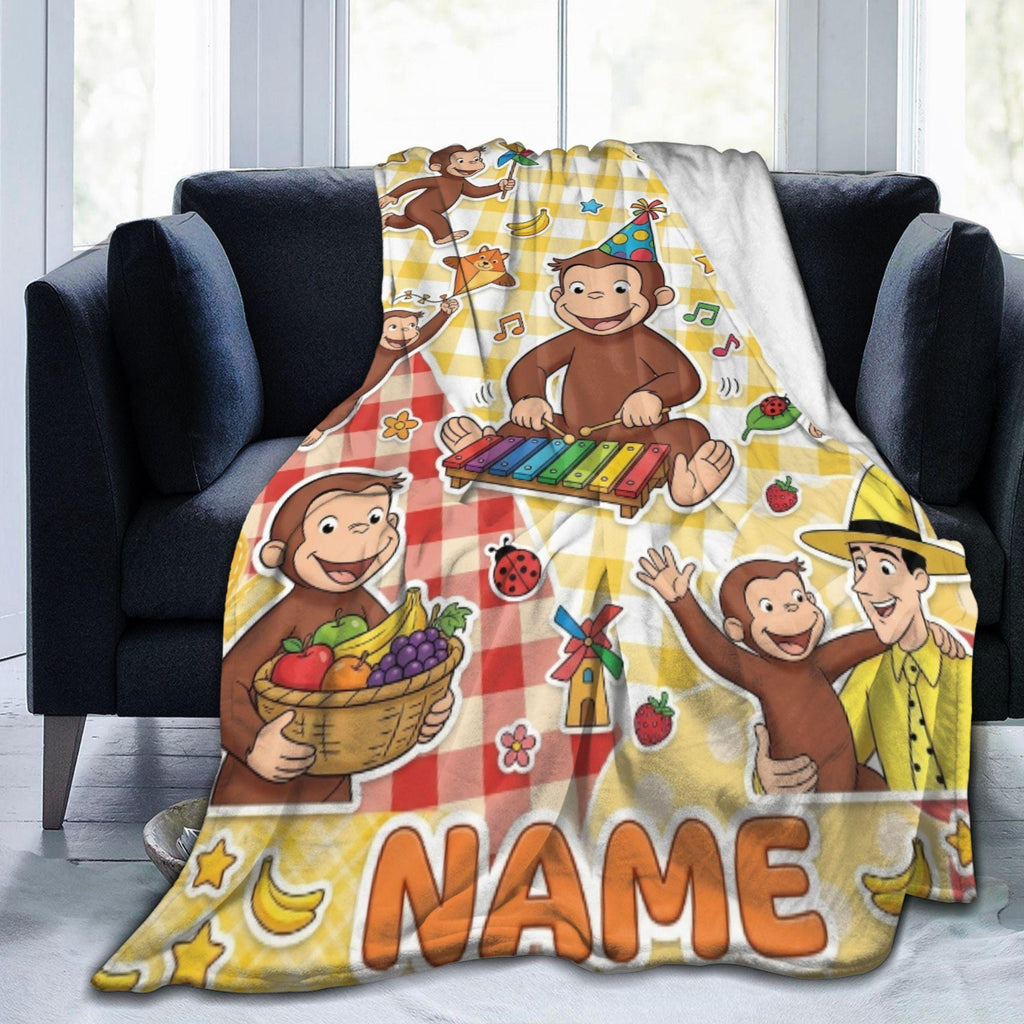 Personalized Curious George Monkey Blanket, Custom Name Music Party Throw