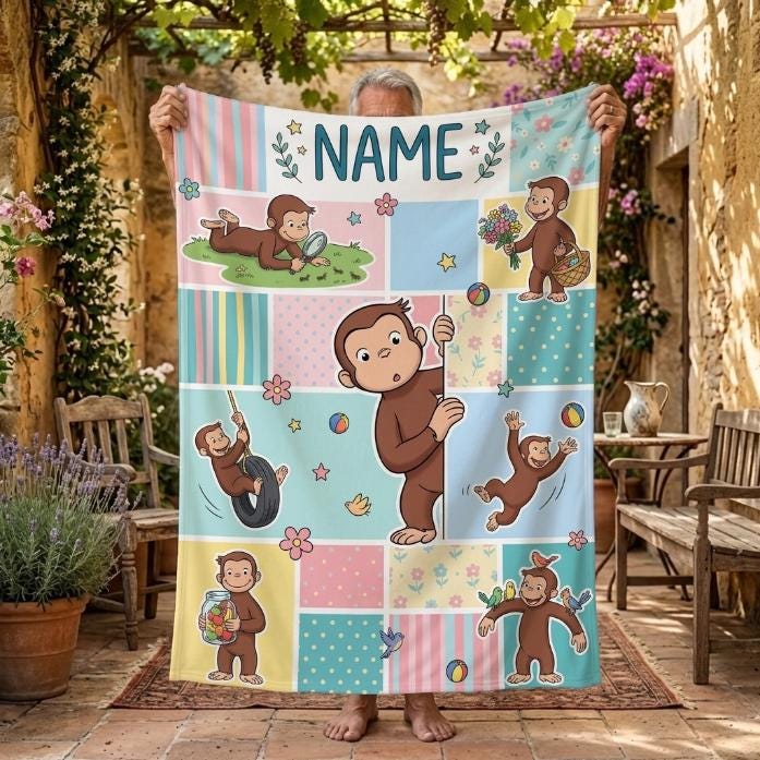 Personalized Curious George Pastel Patchwork Fleece Blanket, Custom Name Throw