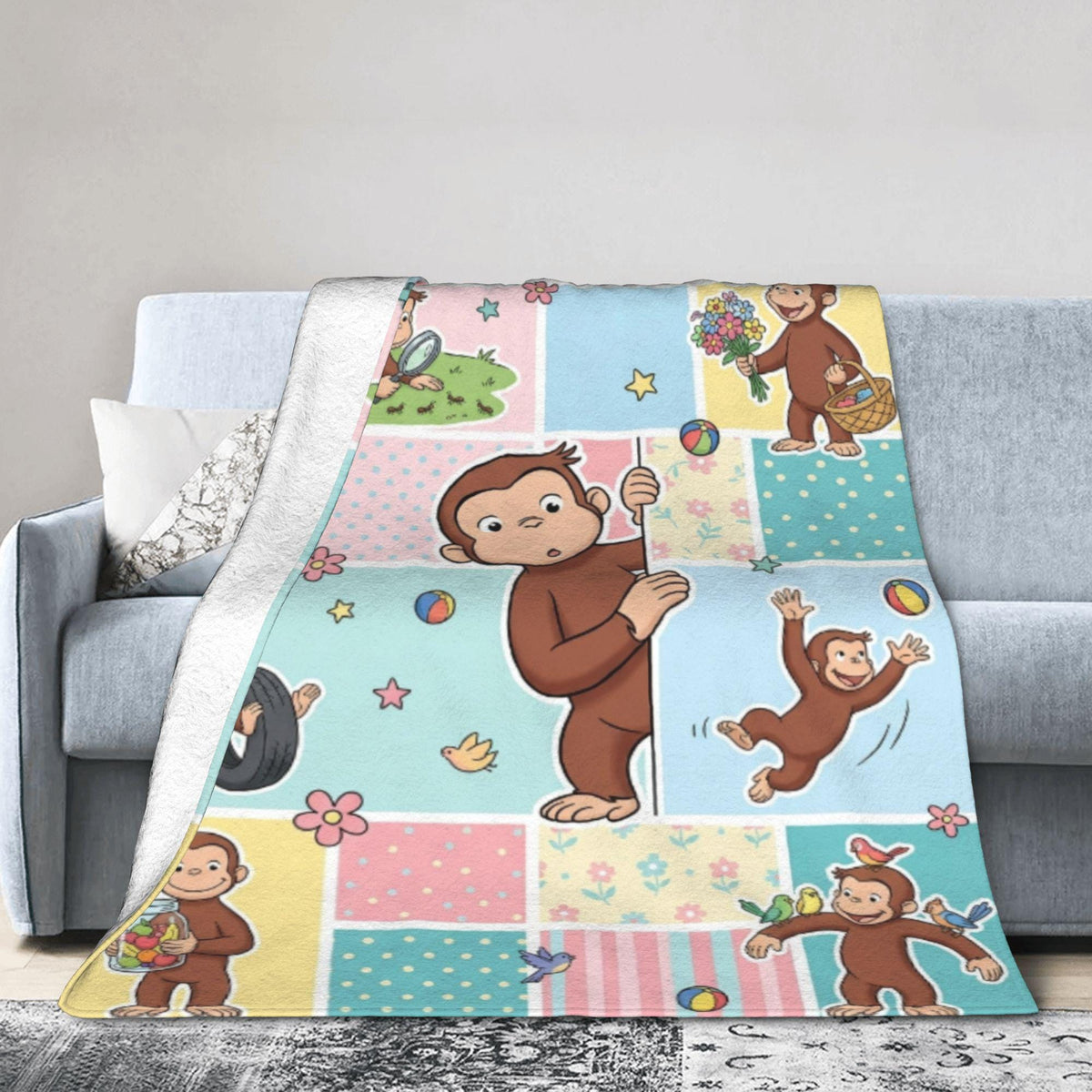 Personalized Curious George Pastel Patchwork Fleece Blanket, Custom Name Throw