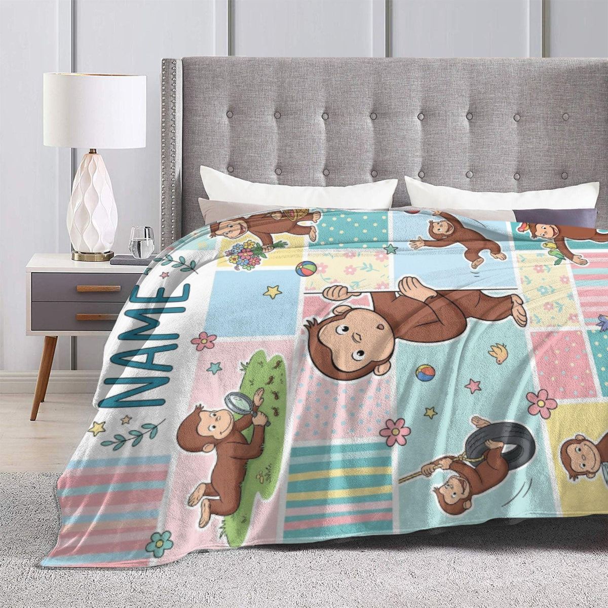 Personalized Curious George Pastel Patchwork Fleece Blanket, Custom Name Throw